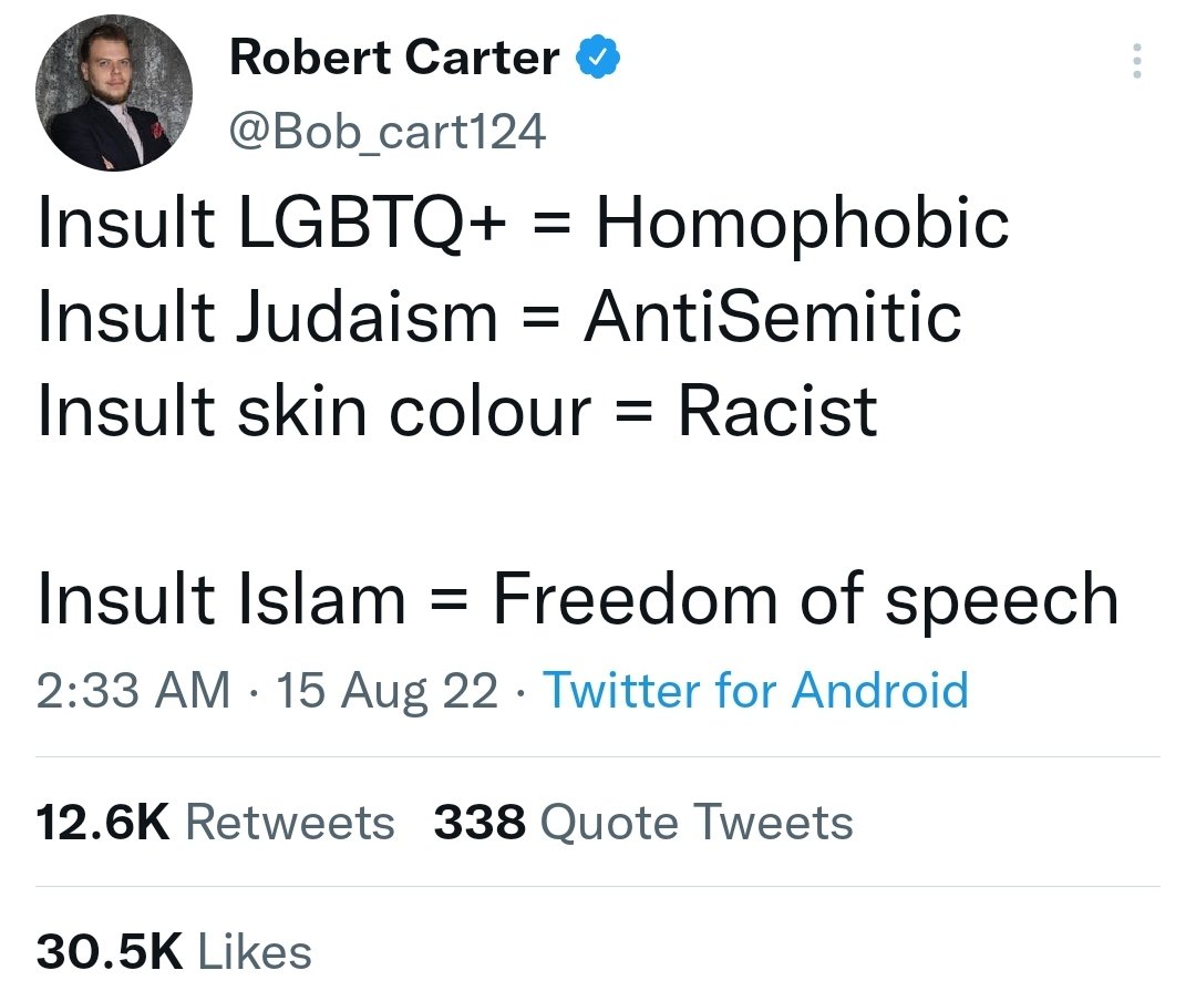 sajjad_65's tweet photo. #حق
رابرت کارتر، روزنامه نگار و محقق در اتریش:

توهین به LGBTQ = همجنسگراستیزی
 توهین به یهودیت = یهودی ستیزی
 توهین به رنگ پوست = نژادپرستی

 توهین به اسلام = آزادی بیان https://t.co/HuEE72kP73