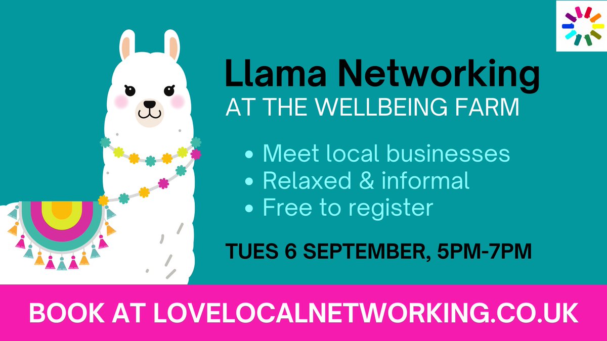 On 6 September, join us for informal Llama Networking 🦙🦙 from 5-7pm at @CeliaFarm Meet new clients, collaborators and suppliers at our relaxed networking events. Register for free at eventbrite.co.uk/e/344147714077 - pay £5 on the night towards refreshments. #businessnetworking