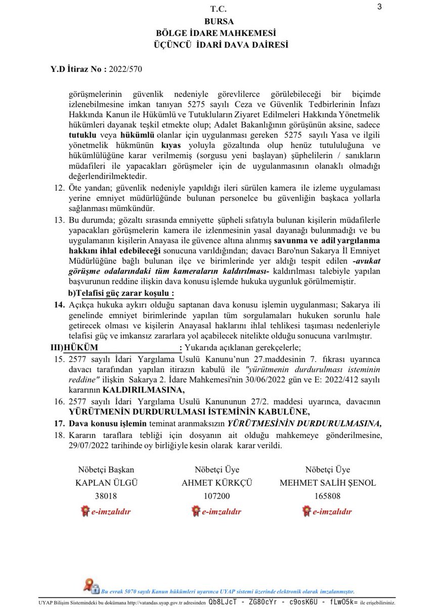 SakaryAHM's tweet photo. Sakarya İl Emniyet Müd. bağlı avukat görüşme odalarındaki tüm kameraların kaldırılmasıyla ilgili talebimizin reddi nedeniyle açmış olduğumuz iptal davasında; Bursa BİM 3. İdarî Dava Dairesi tarafından YÜRÜTMEYİ DURDURMA istemimizin reddine dair karar kaldırılmıştır. https://t.co/H18NRVCLyP