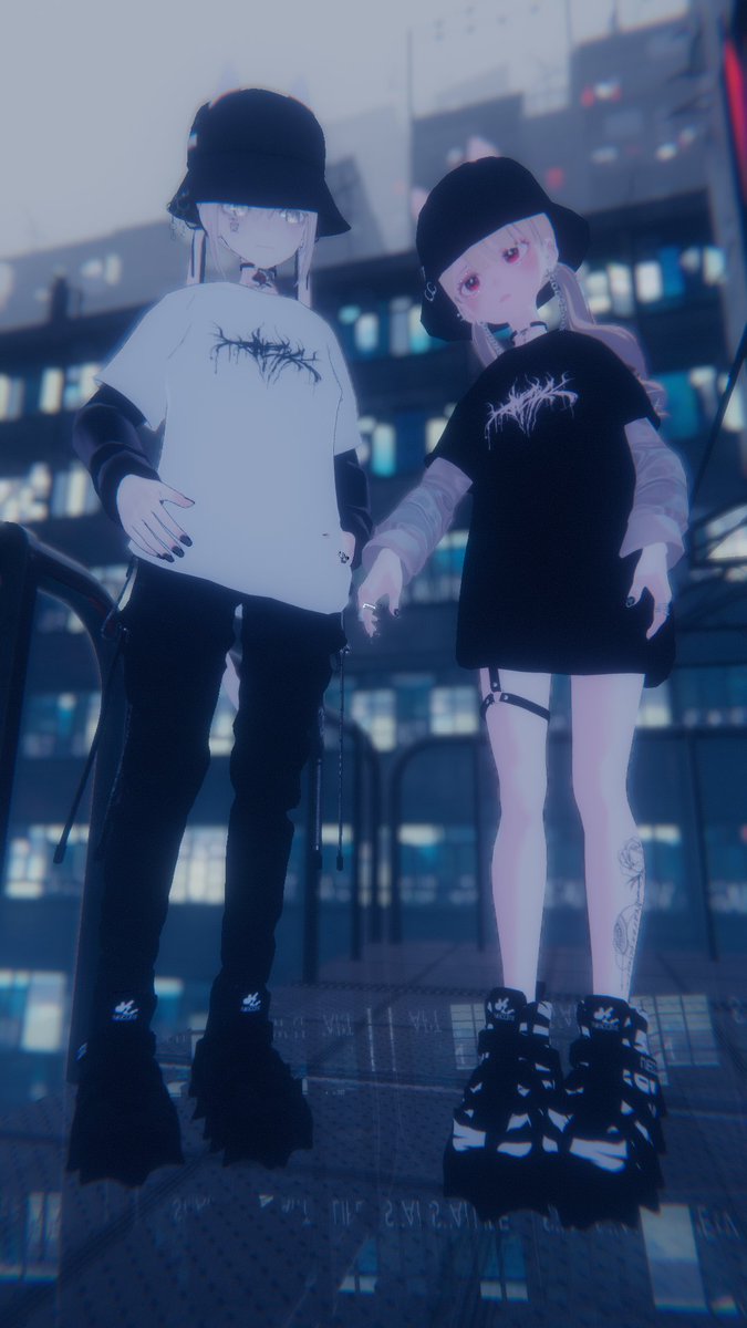 Kousa_VR's tweet photo. 電脳屋 Shoes PUNIUNI TIP &amp; ALTGARAGE TrainerShirt
をテーマにしたストリートコーディネート。
Ozenさん制作のワールド Freeze の雰囲気も相まって、電脳世界で大人になりきれない若者たちのようなポートレートの撮影ができました。

#VRChat #vrchatphotography https://t.co/OyP863ymL0