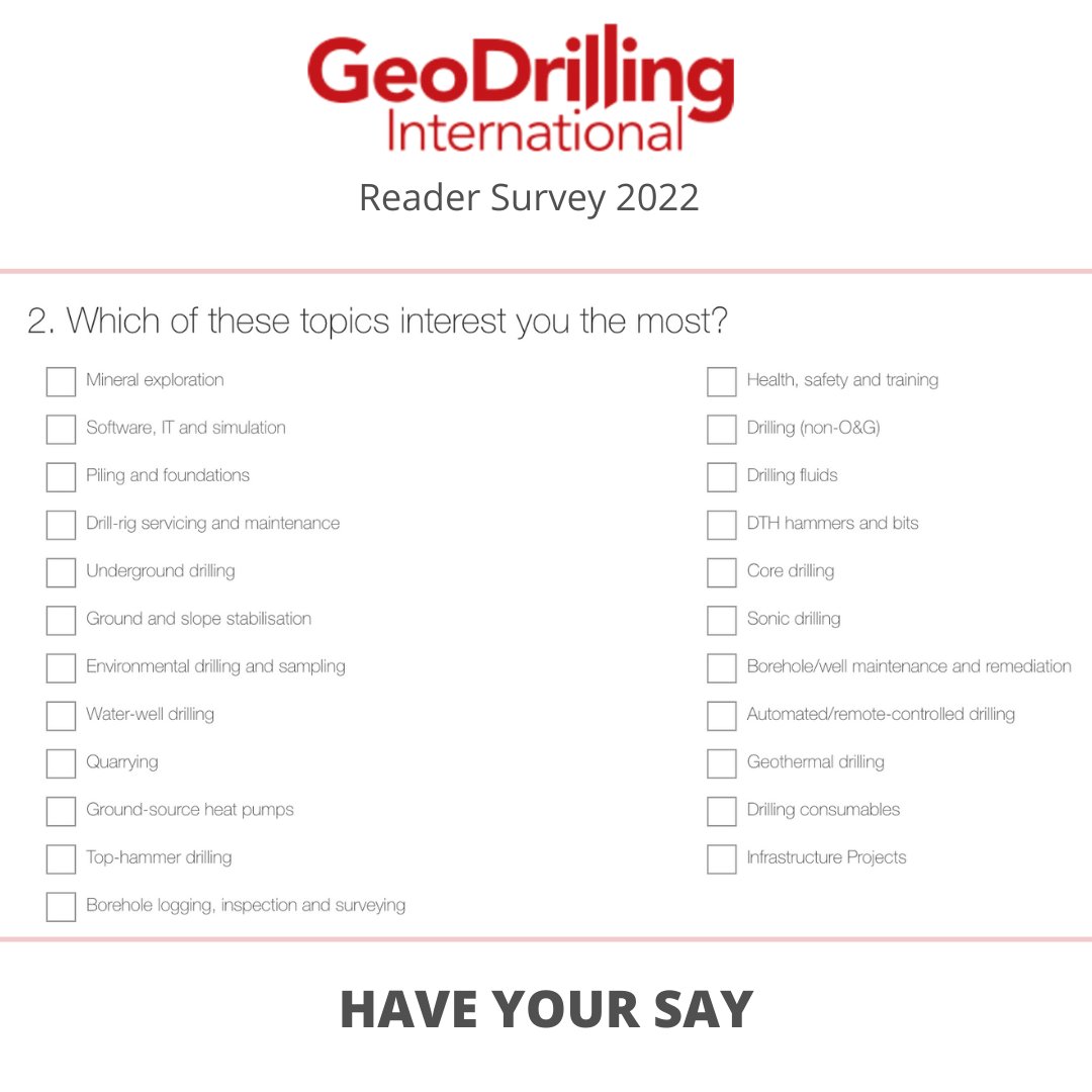 GeoDrilling's tweet photo. Which of these topics interest you the most?
To make sure we continue to cover the topics you want to read about we’re running a short survey to let you have your say!
Take the survey here >> https://t.co/wuQyja4gDc
#GDI #ReaderSurvey #Content https://t.co/U4uq4xohDx