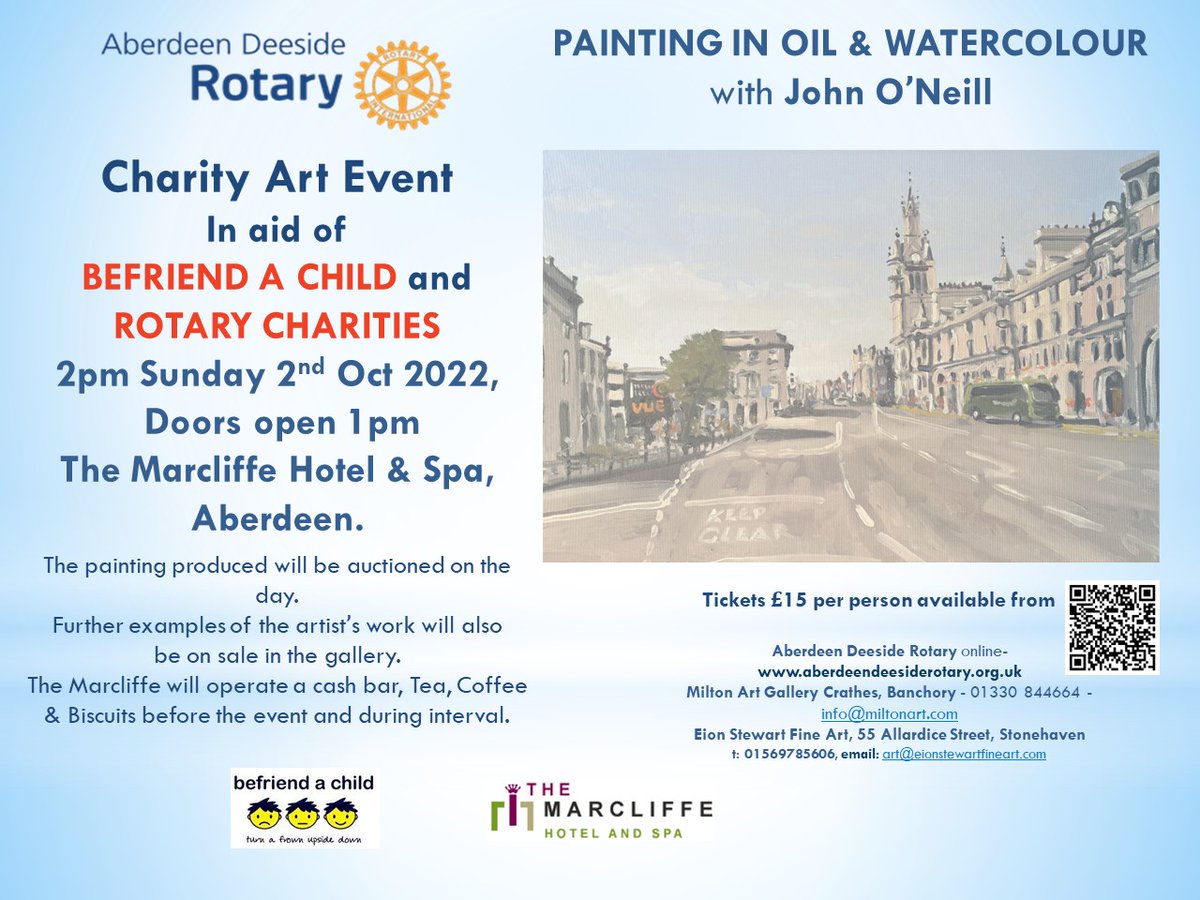 rotarydeeside's tweet photo. Our first major fundraising event after lockdown will be our"annual" Art Event, to be held at the Marcliffe Hotel on Sunday 2 October starting at 2.30 pm.
Tickets are £15 per person obtainable from our website. https://t.co/jLrCyJTftX