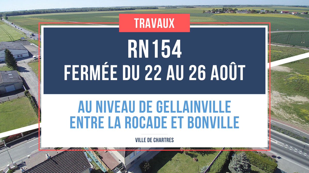 VilledeChartres's tweet photo. La #RN154 sera fermée du lundi 22 août (8h) au vendredi 26 août (18h) au niveau de Gellainville, entre la rocade et Bonville, pour cause de travaux sur le passage à niveau de la SNCF 🚗🏗 Des déviations seront mises en place ► https://t.co/ECbHyHqAHa #Chartres #EureetLoir https://t.co/IepeuWoMFa