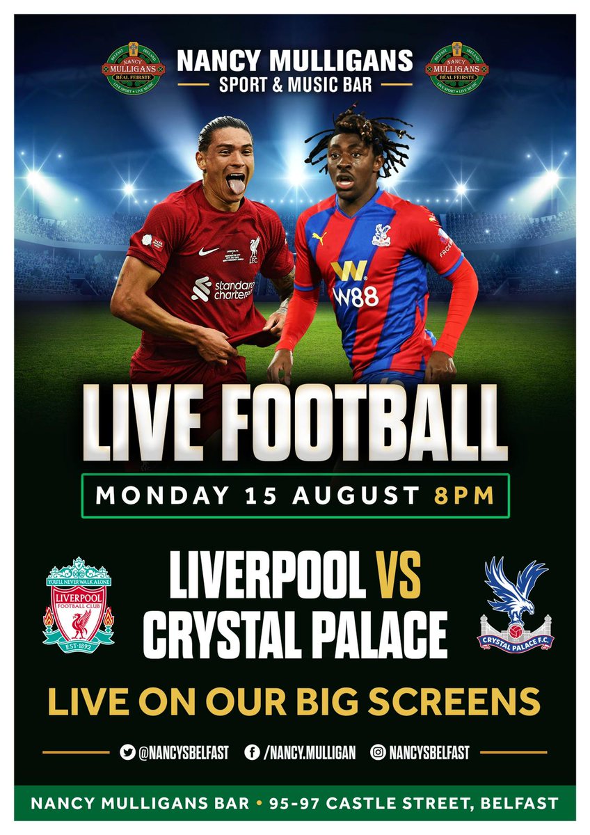 TODAY AT NANCYS! 🍀

⏰ We are open from 11:30am! 

⚽️ 8pm Liverpool V Crystal Palace 

🍺 Pints from only £3.90!