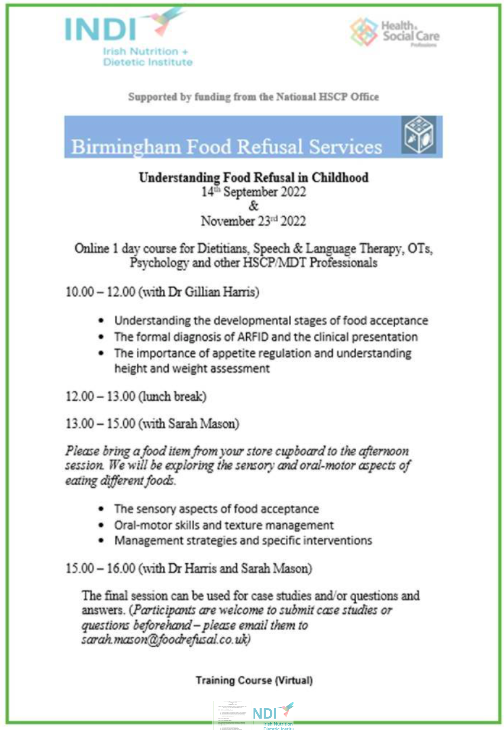 📢📢ARFID online training courses. Free to HSE staff, €50 to others. Email info@indi.ie for application form or call (01)2150508 9am-1pm. <a href="/WeHSCPs/">National HSCP Office, HSE</a> <a href="/iaslt/">IASLT</a> <a href="/AOTInews/">Association of Occupational Therapists of Ireland</a> <a href="/HSELive/">HSE Ireland</a>