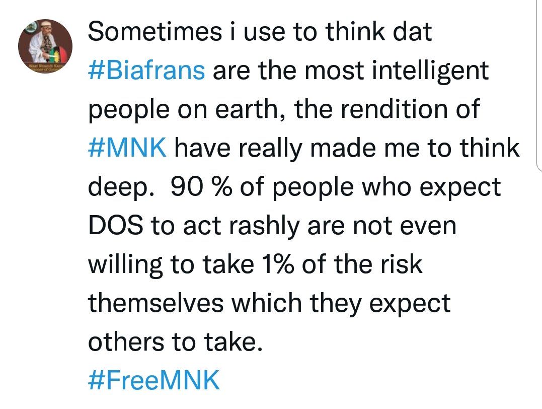 Nj99625368's tweet photo. How to dictate them. Whenever they start to tell you what others are not doing right in #IPOB to release #MNK, Ask them what they have done to support the release of #MNK. Antagonizing people who are even trying is their modus operandi.
#ISTANDWITHDOS
#FreeMaziNnamdikanunow https://t.co/q2aPxSPG30