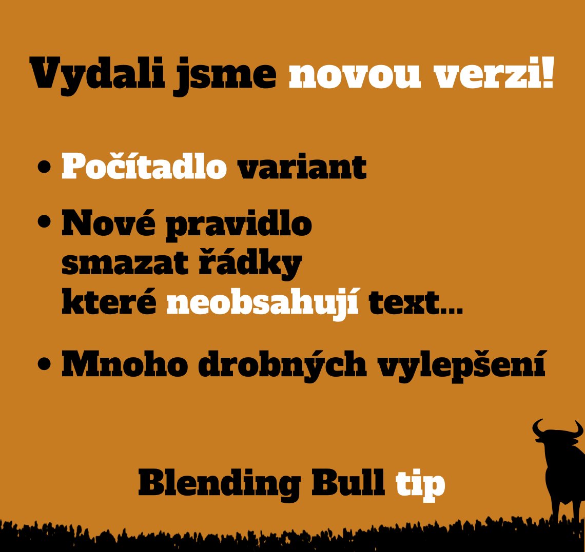 Dnes jsme vydali novou verzi naší aplikace.
Přináší:

* počítadlo variant
* nové pravidlo Smazat řádky které NEobsahují text...
* zrychlení uživatelského rozhraní
* a další vylepšení.

Všechny novinky najdete v release notes:
forum.mergado.cz/t/blending-bul…