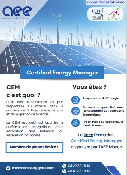 ClusterEMC's tweet photo. Cher Réseau;
L'#AEE Maroc en partenariat avec le #Clusteremc, et  #Certitrust, organisent une Formation Certifiante « Certified Energy Manager » 
*Pour les personnes intéressées , merci de nous contacter sur l'adresse email suivante : safia.karim@clusteremc.org

#formations #CEM https://t.co/QYSYr0FOYN