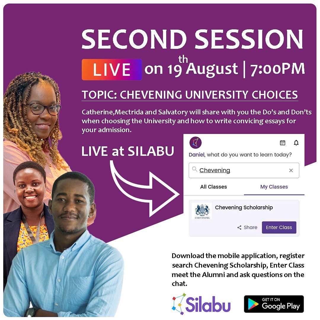 AsheryDuma's tweet photo. SECOND SESSION ON HOW TO APPLY CHEVENING SCHOLARSHIP ON 19th AUGUST | 7PM, LIVE FROM SILABU.

TOPIC: CHEVENING UNIVERSITY CHOICES

Chevening is a fully funded Scholarship to study in UK 🇬🇧

Let meet in @silabuapp , Chevening Scholarship Class.

How to join the class 👇 https://t.co/FsuMH4Tsqz