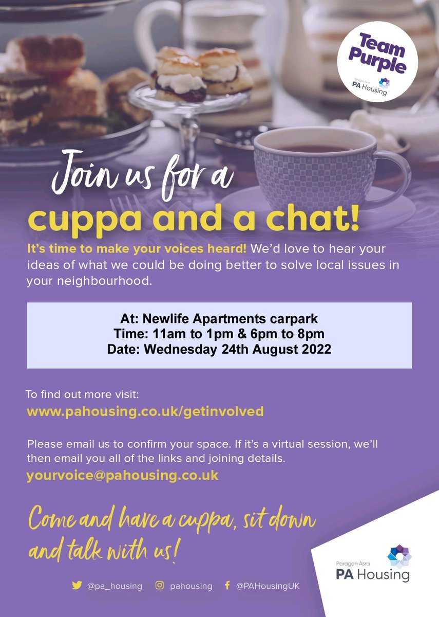 Do you like tea? I know I do! Come join myself and <a href="/RajSharmaHouse/">Raj Sharma (He/His)</a> for a cuppa and chat coming soon near you!  #teampurple #Nhood22 @pa_housing