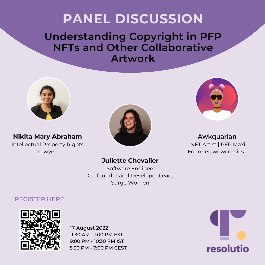 DAY 2 of Generative Art, #NFTs and #IP Summit

Join <a href="/Nikita_Mabraham/">Nikita</a> <a href="/juliettech/">Erica B Johnson</a> &amp; @aWkquariangirl, as they discuss contribution of artists, devs &amp; founders in #PFP projects, points to consider for copyright protection in collab. art projects &amp; more. .
us06web.zoom.us/meeting/regist…