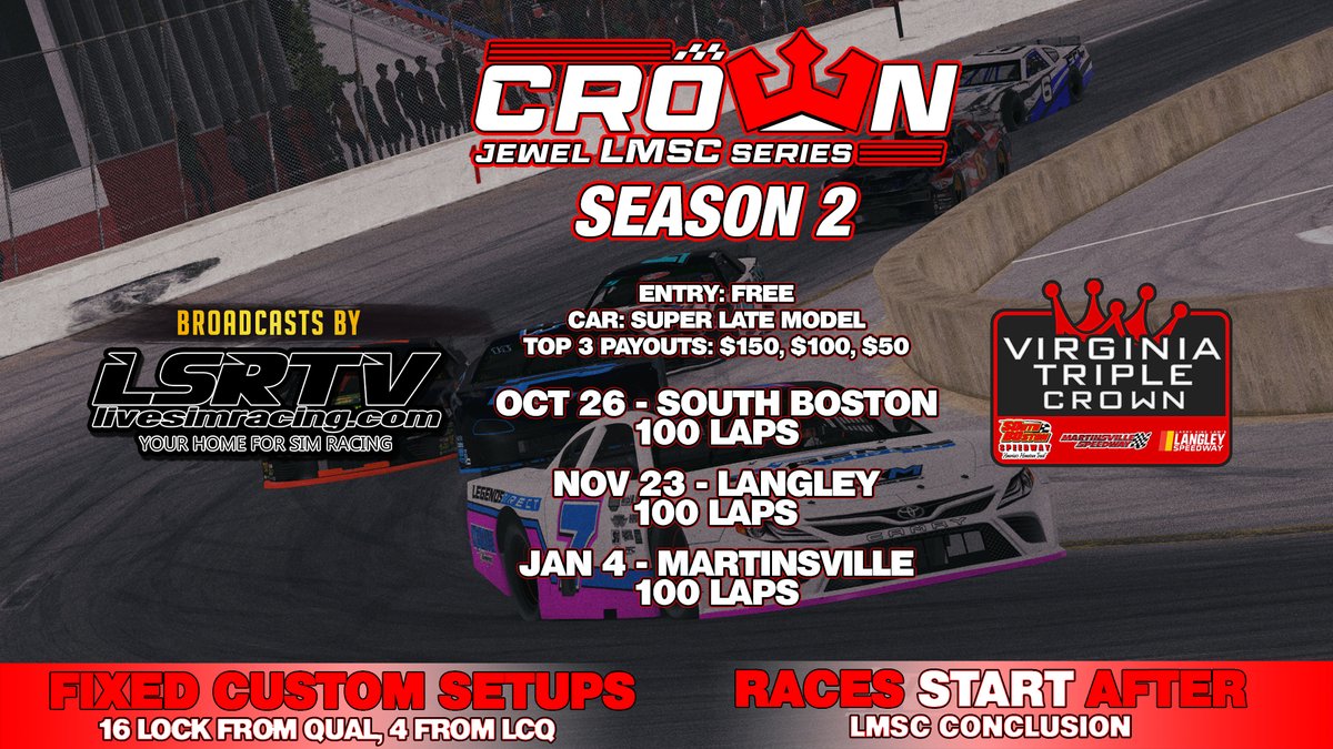 ATTENTION SUPER LATE MODEL DRIVERS!

eVirginia Triple Crown visits the virtual <a href="/SoBoSpeedway57/">South Boston Speedway</a>, <a href="/LangleySpeedway/">Langley Speedway</a> and <a href="/MartinsvilleSwy/">Martinsville Speedway</a> for our first ever Super Late Model Crown Jewel eLMSC events this season!

Sign up today! discord.gg/yXhBvg2W