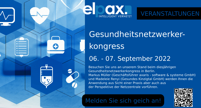 <a href="/GesKinzigtal/">GESUNDES KINZIGTAL</a>  (vertreten durch <a href="/MadeleineRenyi/">Dr. Madeleine Renyi</a> ) und axaris (vertreten durch Markus Müller) werden an einem Gemeinschaftsstand beim 17. Kongress für Gesundheitsnetzwerker (#KFGN22) #elpax vorstellen. Wir freuen uns auf den persönlichen Austausch!