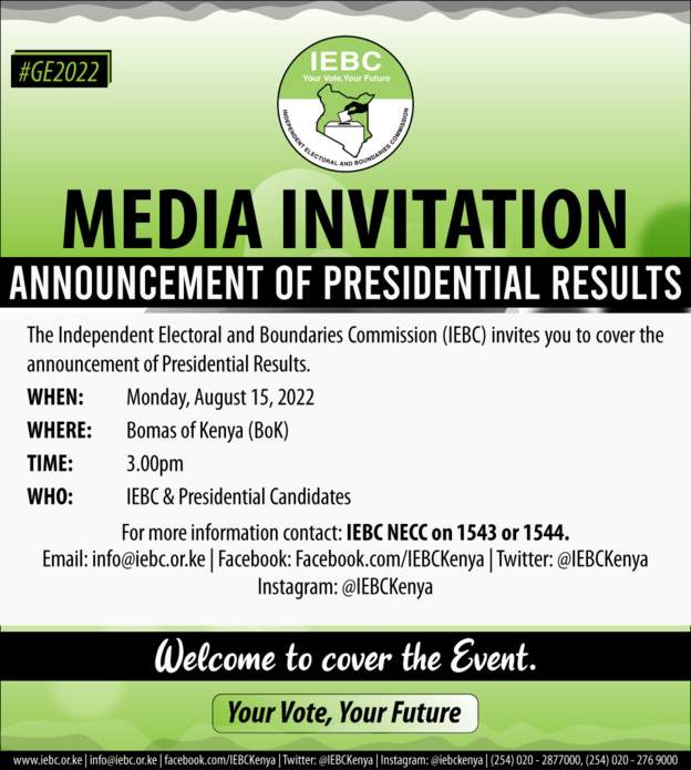 ameyuetana's tweet photo. Results to be announced in two hours

The electoral commission of Kenya has said that the final results will come out at 15:00 local time (12:00 GMT). #KenyaDecides2022 https://t.co/C2e4fcwmX7