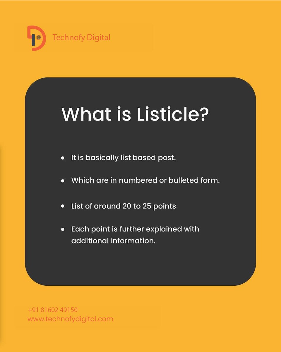 TechnofyDigital's tweet photo. What is Listicle Blog? 

Here are the tips on how to write a listicle blog?

#Blog #ListicleBlog #BloggingTips #Blogging #Website #blogs #WriteBlog #blogger https://t.co/q9xj5zGop4