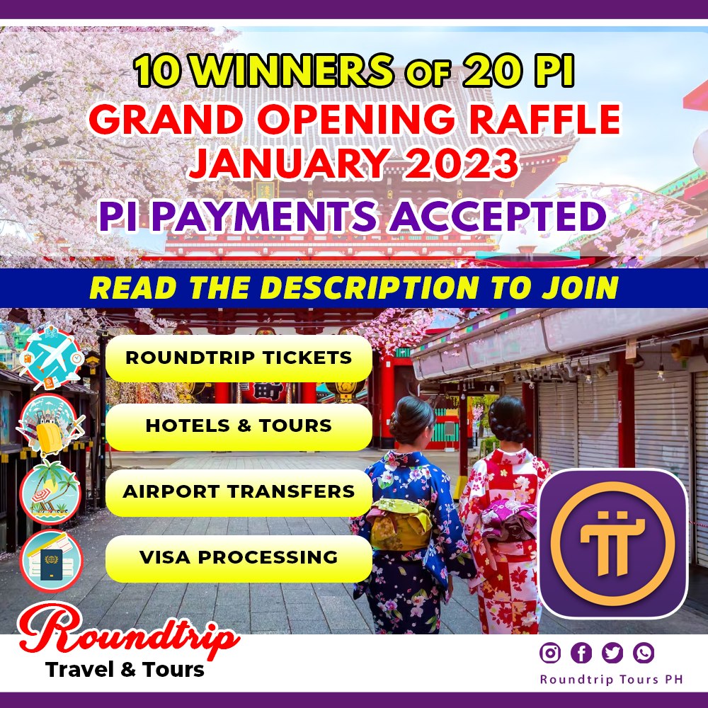 We are excited to announce that we will be accepting Pi Payments on our Grand Opening Dated January 2023. ✈Services Offered✈
📍 Roundtrip Tickets
📍 Budget/Luxury Hotels
📍 All Inclusive Tours
📍 Airport/Hotel Transfers
📍 Visa &amp; Passport Processing
📍 Travel Essential Shop