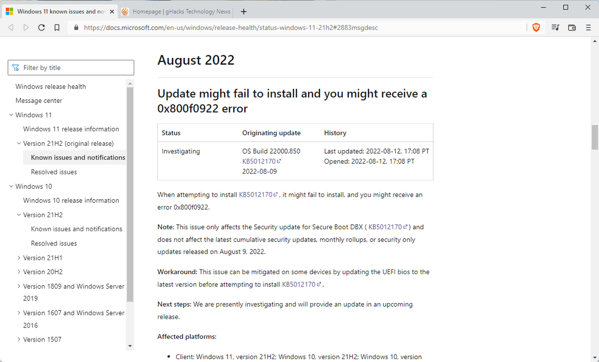 ghacks's tweet photo. KB5012170: Windows update error 0x800f0922, UEFI Bios update may resolve it #KB5012170 #windowsupdate #vulnerability
https://t.co/qPVTohykSH https://t.co/JFiIQDYsAc