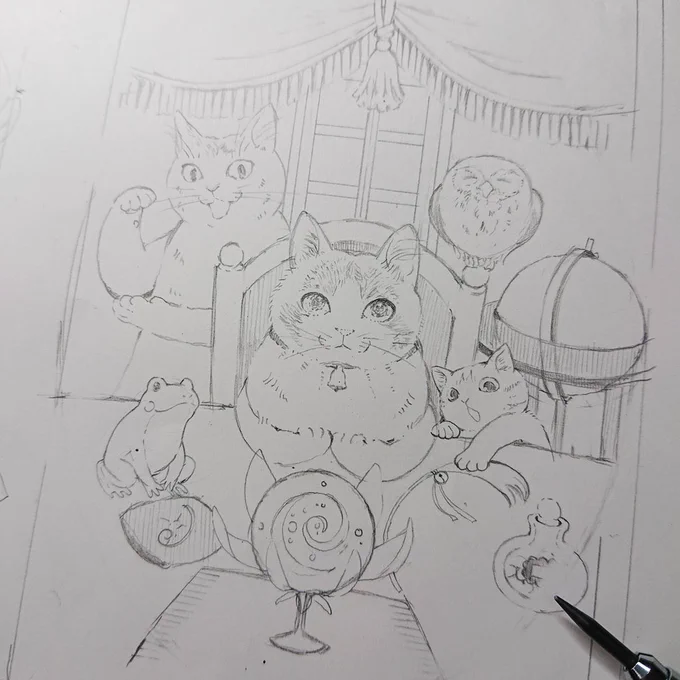 必中の占い猫三兄弟。。身体にあったカリカリを占ってくれます😺🔎
今は色々下絵を描いてみています…どれか完成するといいなぁ…😂 