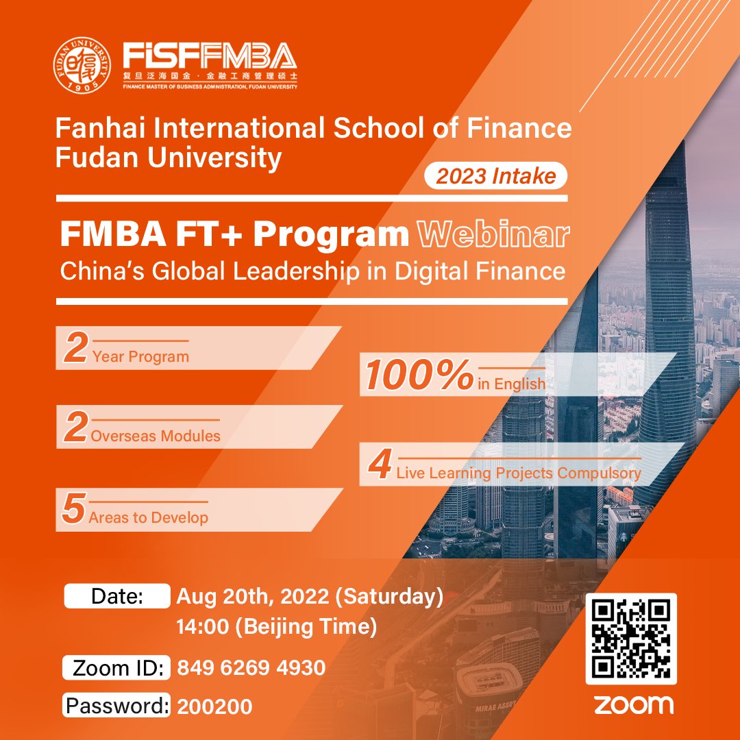 FudanFisf's tweet photo. 14:00 (GMT+8) 20th Aug, Fudan University invites Dr. Michael Sung to to bring you an open class on the theme of "China’s Global Leadership in Digital Finance". 

【Date&amp;Time】
14:00 (GMT+8) 20th Aug 
【Webinar】 
Zoom ID: 849 6269 4930
Password: 200200 https://t.co/uP2xu3757D
