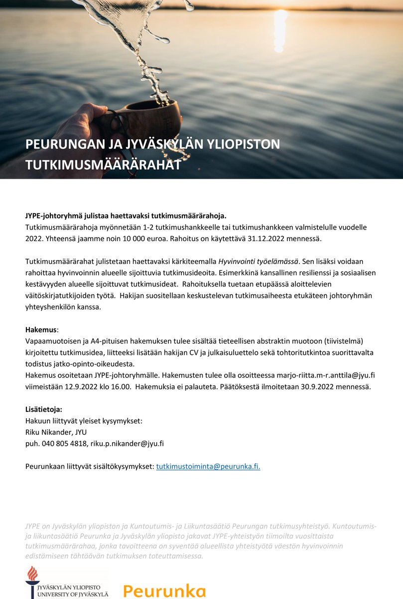 Kuntoutumis- ja liikuntasäätiö Peurungan ja Jyväskylän yliopiston Jype tutkimusmääräraha haettavissa. #peurunka #jyu #tutkimus #tutkimusmääräraha