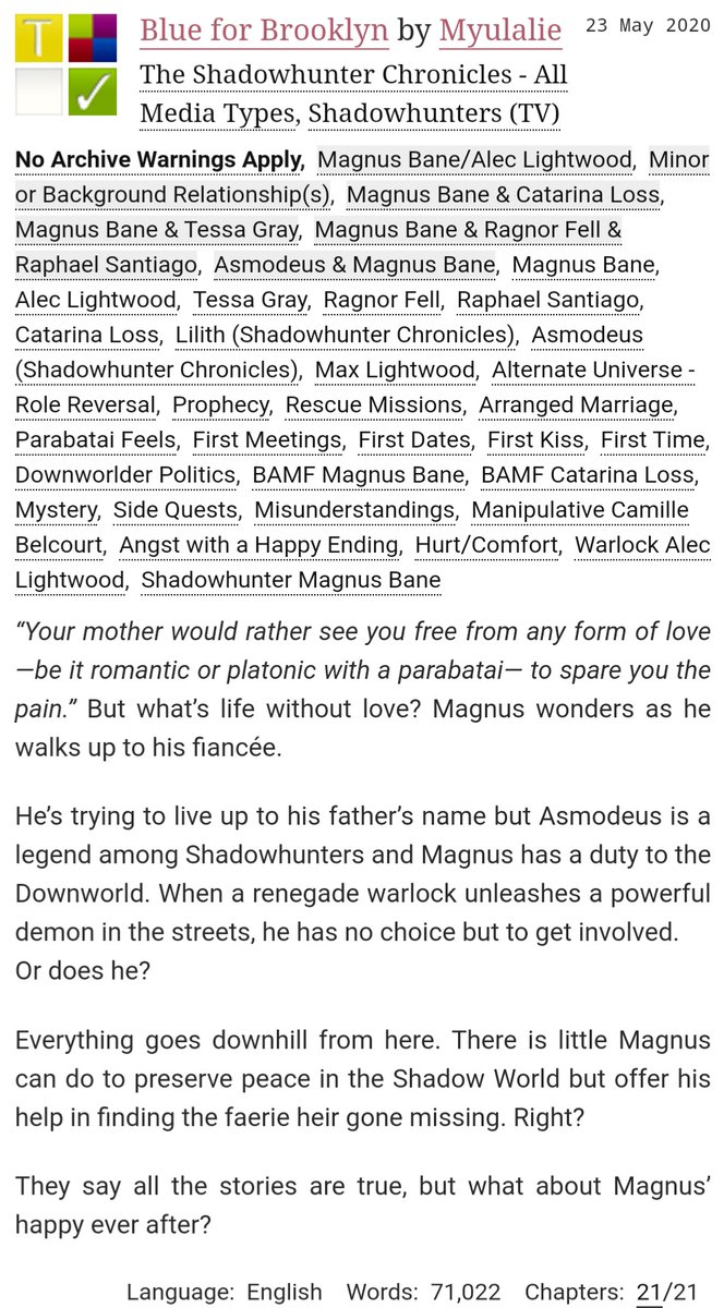 myulalie's tweet photo. #FandomAuthorChat Blue for Brooklyn #Shadowhunters #malecfic, I knew it would be 50k+ and around 20 chapters, it didn't disappoint!
🔗https://t.co/27pfQfMM3g https://t.co/n40ZXkVQoF