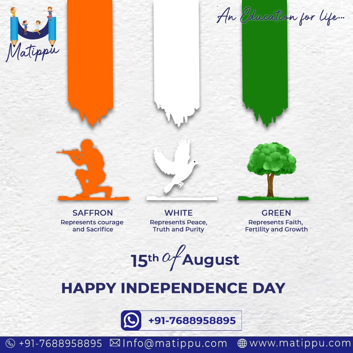 Matippu_'s tweet photo. A promise to uphold the freedom our freedom fighters fought for and to work for the country.
Matippu wishes everyone a very #HappyIndependenceday2022

#IndependenceDay #IndependenceDay2022 #IndiaAt75 #स्वतंत्रतादिवस #IndependenceDayIndia #India #education #onlinelearning #Matippu https://t.co/vIHR5KBiFP