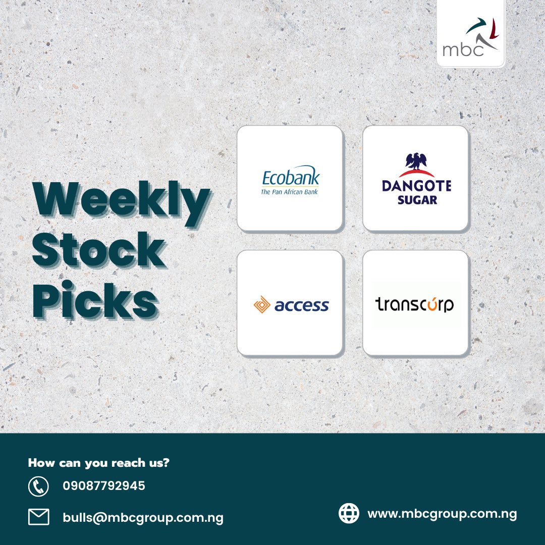 MBCNigeria's tweet photo. Here are this week’s stock recommendations…
Get detailed weekly report, directly to your mailbox.
To subscribe, simply send us a DM.
#mbcsecurities #investnow #investinnigeria #buynairatogrowthenaira #business #nigerianinvestors https://t.co/s014egdI4X