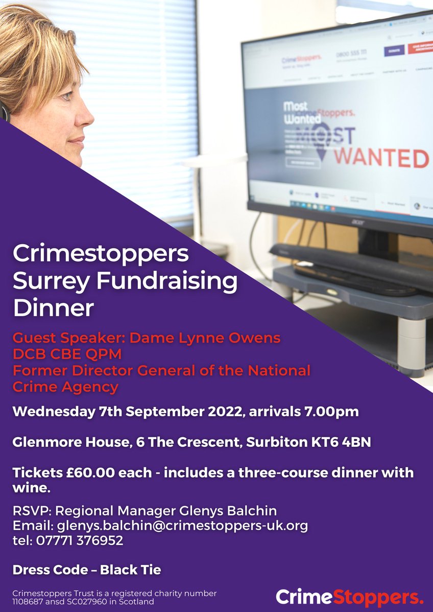 Please come along and support Crimestoppers at our fundraising dinner.  We have a great speaker @DameLynneOwens @CS_SurreySusssex <a href="/SurreyPolice/">Surrey Police</a> @CCGavinStephens
