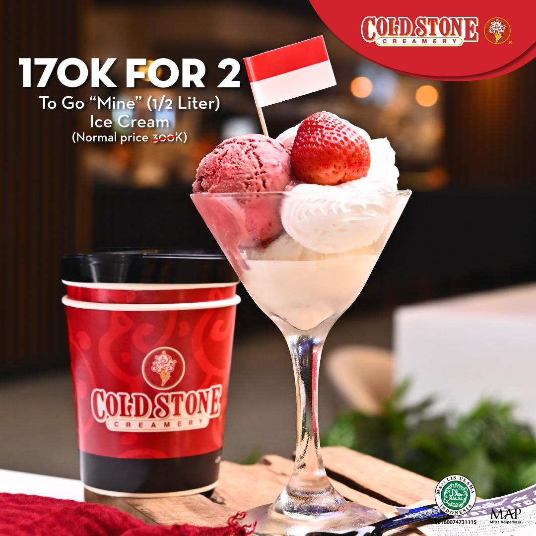 ColdStoneIndo's tweet photo. Calling all ice cream Lovers...
Celebrate Independence Day with Cold Stone!🍦
Enjoy our Special Offer 170K for 2 To Go Mine (1/2 liter) Ice Cream.
* Valid for Signature ice cream &amp; Plain ice cream
* Valid from 15 -17 August 2022
* Valid in stores (Jakarta, Tangerang, Bekasi, Bdg) https://t.co/b0Ua5vCxNU