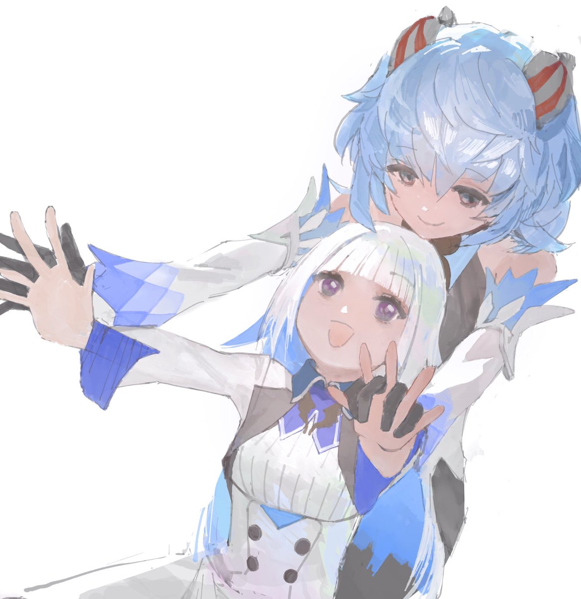 ganyu (genshin impact) multiple girls 2girls blue hair horns smile white background gloves  illustration images