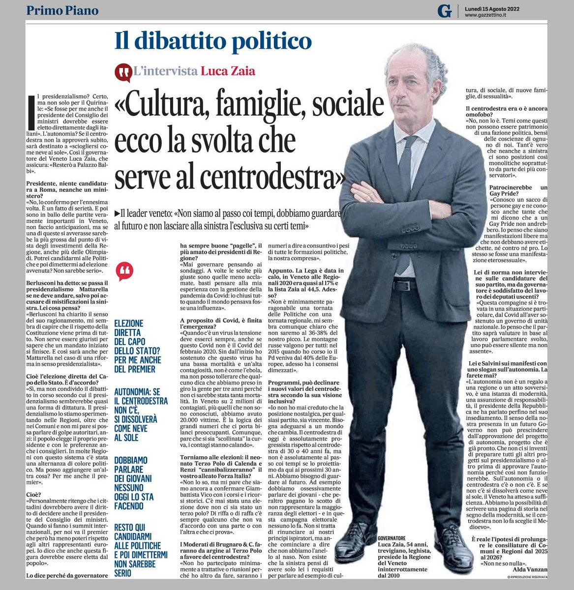 zaiapresidente's tweet photo. 🟠🟠🟠 "Cultura, famiglie, sociale. Ecco la svolta che serve al Centrodestra".
La mia intervista al @Gazzettino di oggi, 15 agosto 2022. https://t.co/HeCqvQKeid