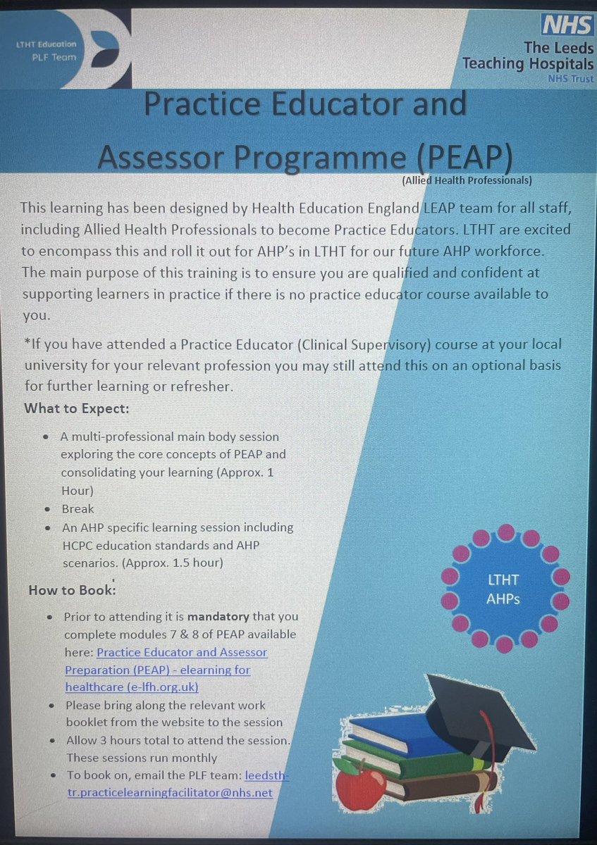 We have encompassed @LEAP_WYs PEAP and want to develop you into confident AHP practice educators for our learners at @LeedsHospitals 🌟 please see the flyer for more details 👇🏻#ahppracticelearning #ahp @NHS_HealthEdEng @TanzRayaz @LthtLearning