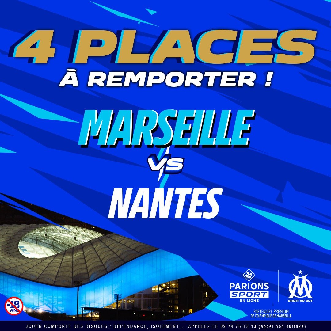 JEU CONCOURS 🎁🔵⚪️

Avec @ParionsSport, on vous offre 4 places (2x2) à gagner pour OM - Nantes ! 🎫

RT + Follow <a href="/_BeFootball/">BeFootball</a> &amp; @ParionsSport 🔥

⚠️ Jeu réservé aux majeurs uniquement

Bonne chance à toutes et à tous 😁🤞