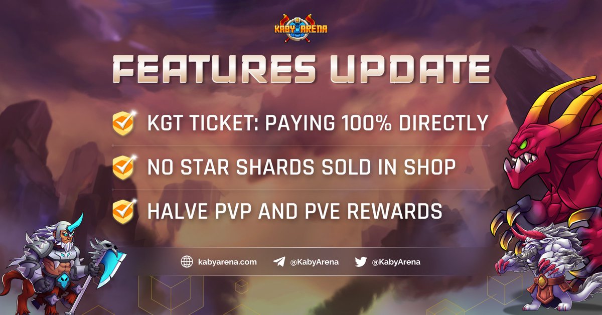 📣CHECK OUT THE UPDATED VERSION NOW📣

V1.0.14 changelog:

✅KGT ticket: Paying 100% #KGT directly
✅Star Shards will no longer be sold in the in-game shop
✅Halve the PvP and PvE #rewards

🔅Swapping tickets to #NFT gems &amp; KGT burning Leaderboard will be updated soon! 

#GameFi
