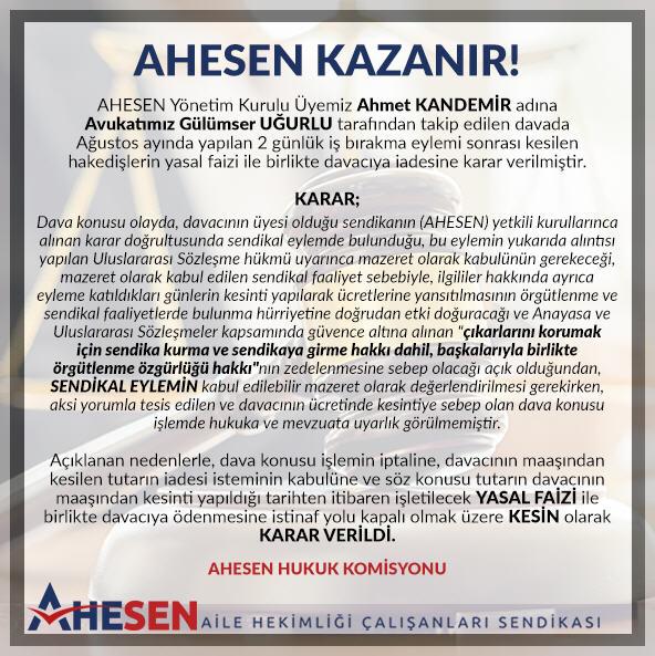 Sendikamızın kararına uyarak iş bırakan üyemizden yapılan maaş kesitisi faiziyle geri ödenecek...Sendikal haklar engellenemez. <a href="/ahesenorgtr/">AHESEN</a> <a href="/saglikbakanligi/">T.C. Sağlık Bakanlığı</a> <a href="/drfahrettinkoca/">Dr. Fahrettin Koca</a> @izmirsm