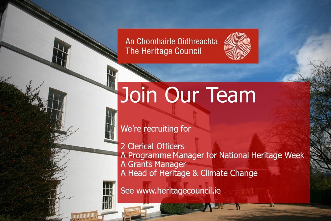 We're recruiting! 

2 Clerical Officers
A Programme Manager for National Heritage Week
A Grants Manager
A Head of Heritage & Climate Change 

See heritagecouncil.ie/news/jobs
#Jobs #Kilkenny #workinheritage