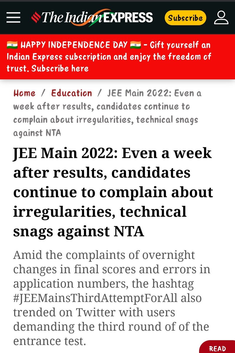 AbhishekPianist's tweet photo. Thanks @theindianexpres for addressing the issue of tons of students.
#JEEMains2022
#jeemainThirdAttemptForAll https://t.co/dRBmP9aSfg
