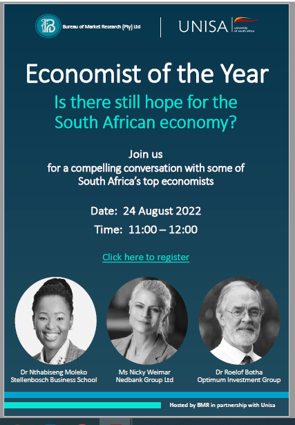 SACCIza's tweet photo. The BMR (Bureau of Market Research) at Unisa will be hosting the Economist of the Year (EoY) competition and the 2022 EoY Webinar series.

The first webinar is scheduled for 24 August 2022 from 11:00 to 12:00.
Click here to register: https://t.co/VfKznfLtVn https://t.co/0N4hVgtRjT