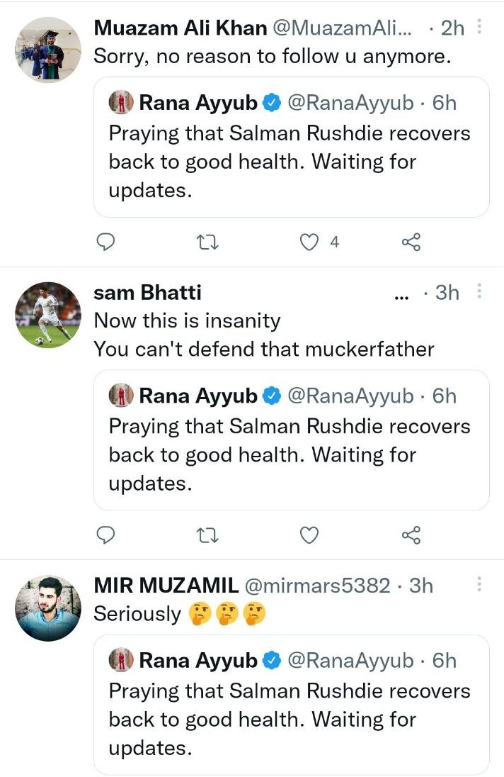 AskAnshul's tweet photo. Courageous Rana Ayyub deleted her tweet on Salman Rushdie after her radical followers threatened to cancel her

Will she write an article on The Washington Post that how radicals of her community are threatening her &amp; attacking her freedom of speech? No intolerance &amp; fascism now? https://t.co/d3QTxOe9xz