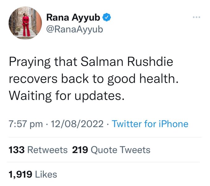 AskAnshul's tweet photo. Courageous Rana Ayyub deleted her tweet on Salman Rushdie after her radical followers threatened to cancel her

Will she write an article on The Washington Post that how radicals of her community are threatening her &amp; attacking her freedom of speech? No intolerance &amp; fascism now? https://t.co/d3QTxOe9xz