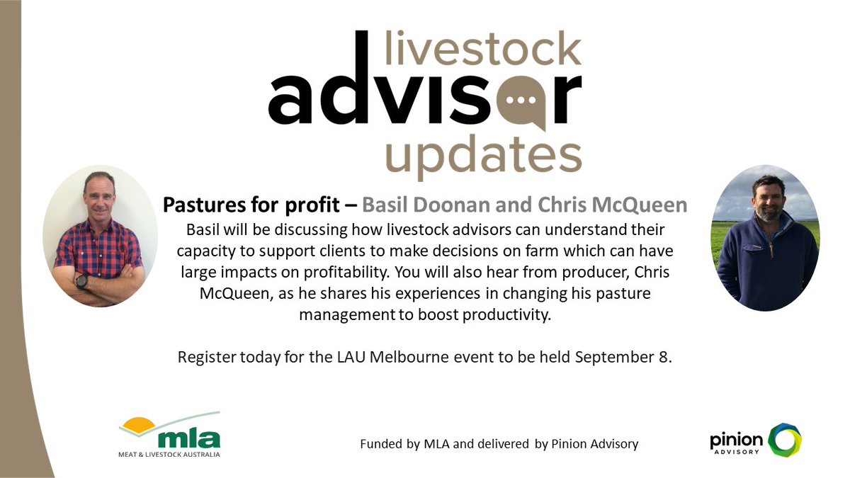 livestockadvise's tweet photo. Have you got your ticket for the southern 2022 LAU event in Melbourne, September 8?
Come along to hear Basil Doonan and Chris McQueen share their experiences of changing pasture management to boost farm profitability.
Get your tickets today https://t.co/UaF7OSJMsk https://t.co/BBzBxVdAv1