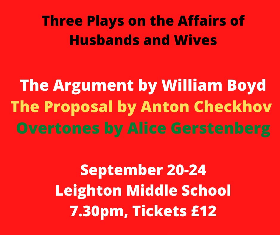 LBDramaGroup's tweet photo. Three shows in one at the intimate Linslade (MIddle) School Drama Studio, all about the wonders of marriage!
September 20-24 at 7.30pm
Tickets (£12) at: https://t.co/bJuslamjw5
Running Time: 2 hours plus interval
(adult themes and strong language) https://t.co/uxSrsd818r