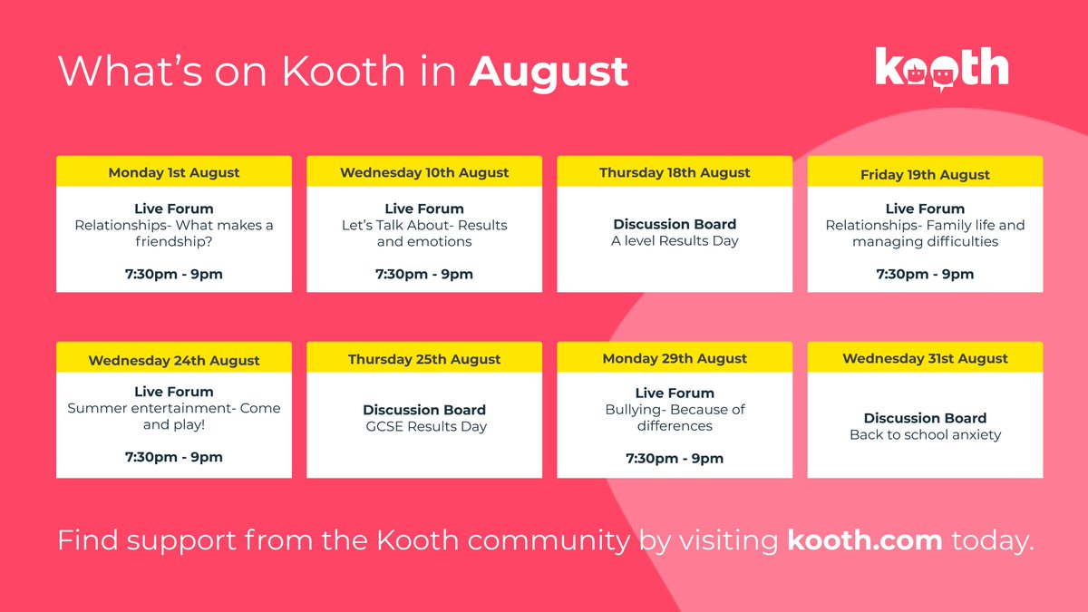 eypic_youth's tweet photo. Kooth are delivering online events in August for young people aged 11-25 years in Enfield, with discussion boards on A-level and GCSE results days, and live forums on relationships and bullying.

Check it out on: https://t.co/eC5SVsapRT

@kooth_plc #youngcarers #Enfield https://t.co/sSD9IfcDAN