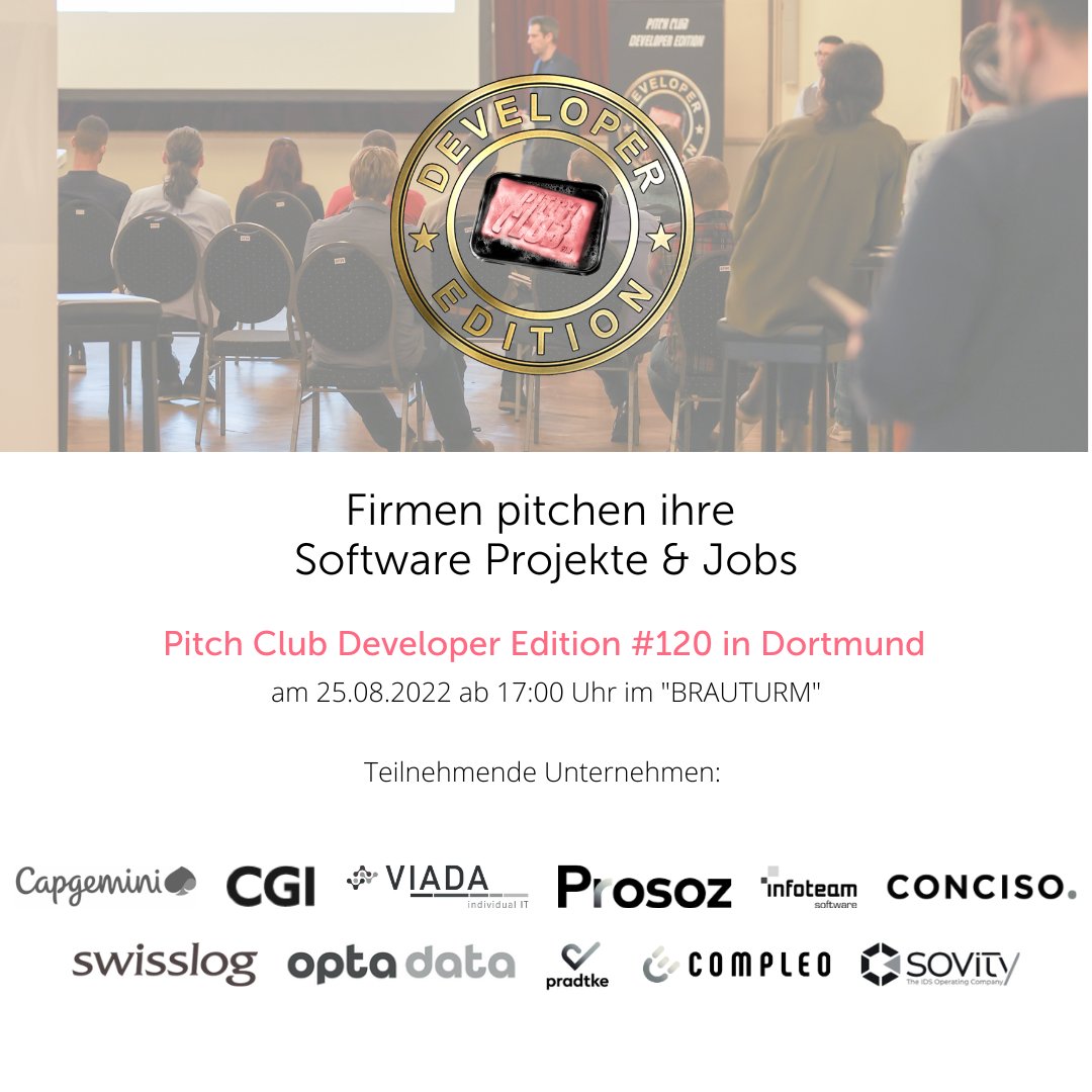 PitchClubFFM's tweet image. The wait is over! The summer break ends with #PCDE120 in Dortmund. On August 25, the #ITLeads of exciting companies will pitch their vacancies. Register for free at pcde.io/?q=tw and be there.