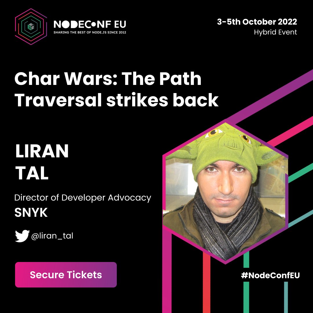 Join <a href="/liran_tal/">Liran Tal</a> at #NodeConfEU where his session will teach you how path traversal vulnerabilities manifest in everything from code in your own applications to code in dependencies to core modules in the #Nodejs runtime. #Security 

Tickets >> nf.ie/3bQIrS9