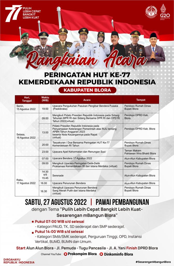 AriefRohman_838's tweet photo. Ini rangkaian acara Agustusan Kabupaten Blora. 
Untuk Karnaval Pawai Pembangunan akan kita laksanakan tanggal 27 Agustus 2022. 
Merdeka.....!! 🇮🇩🇮🇩

#AriefRohman #HUTRI77 #Blora https://t.co/ZFQUOgj3zt