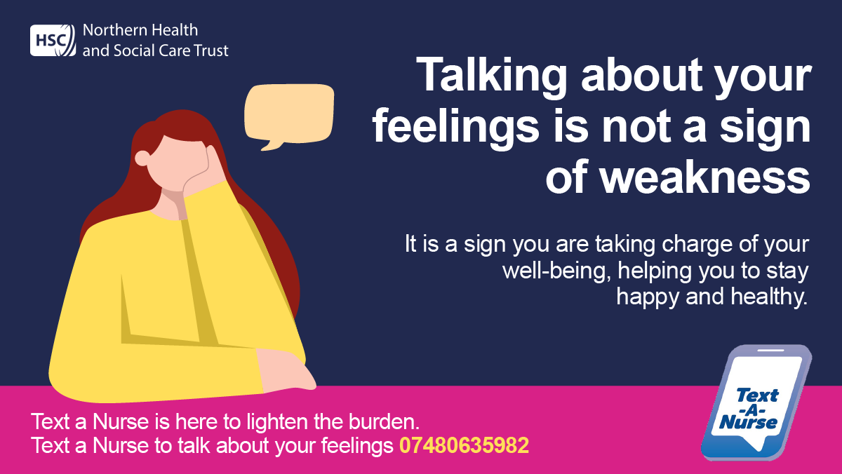 Talking about your feelings is not a sign of weakness 💬
It is a sign you are taking charge of your well-being, helping you to stay happy and healthy 🙂
Text a Nurse is a free confidential text messaging service for 11 to 19 year olds, just text 07480635982 to chat.