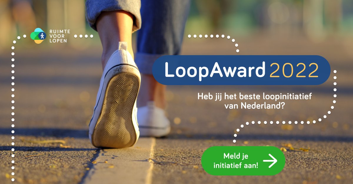 Heb jij het beste loopinitatief van Nederland? 🚶‍♀️
Platform Ruimte voor Lopen reikt de LoopAward uit voor het beste Nederlandse initiatief dat bijdraagt aan meer ruimte voor lopen: in het hoofd, in beleid en buiten. Meld je initiatief aan: bit.ly/3ob5SYP