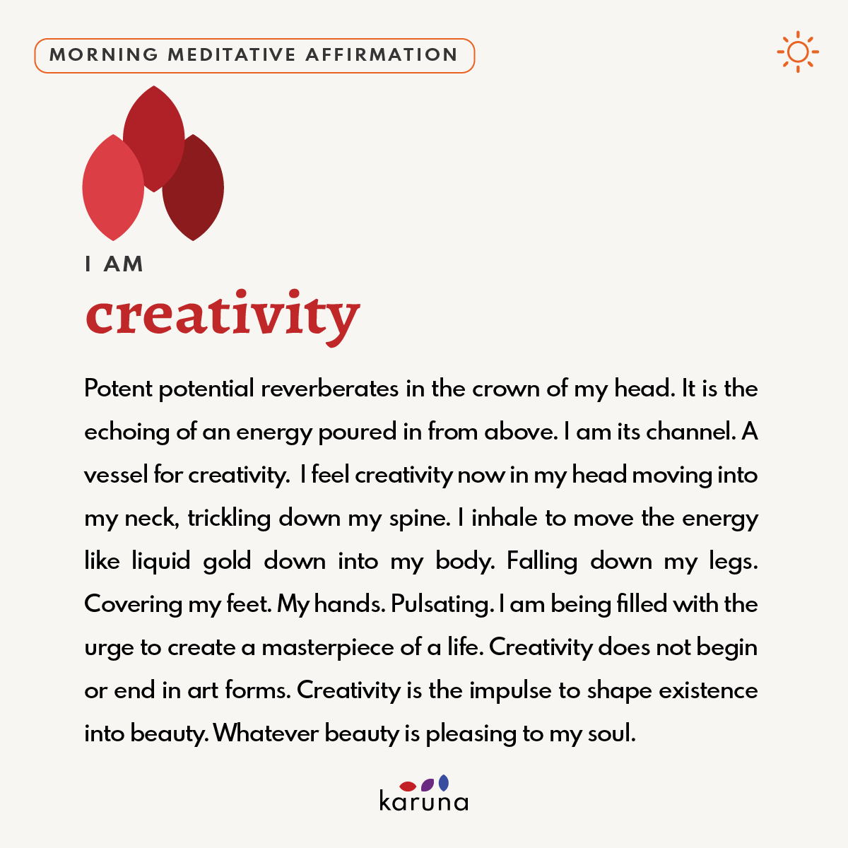 accesskaruna's tweet photo. Jumpstart your week with creativity and watch the beauty that unfolds. 

Enjoy karuna's 'I am creativity' morning meditative affirmation to rise up and greet the morning with inspiration, innovation, and endless possibilities. 

#affirmations #meditation

https://t.co/o09aUKLovv https://t.co/wFgdSR63kL