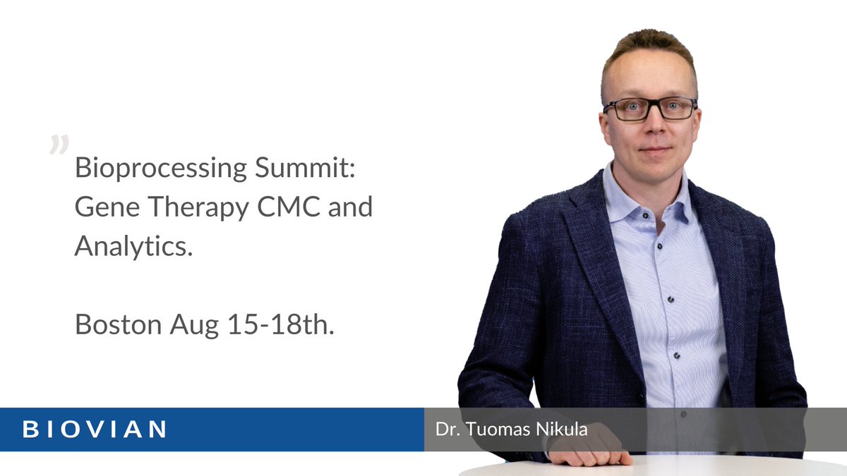 BiovianOy's tweet photo. Bioprocessing Summit in Boston starts today! Dr. Tuomas Nikula, a Project Manager from #Biovian is participating the Gene Therapy CMC and analytics session on site. We wish all participants a wonderful time.
#CDMO #bioprocessingsummit #CMC #Genetherapy https://t.co/ElR11EeMNr